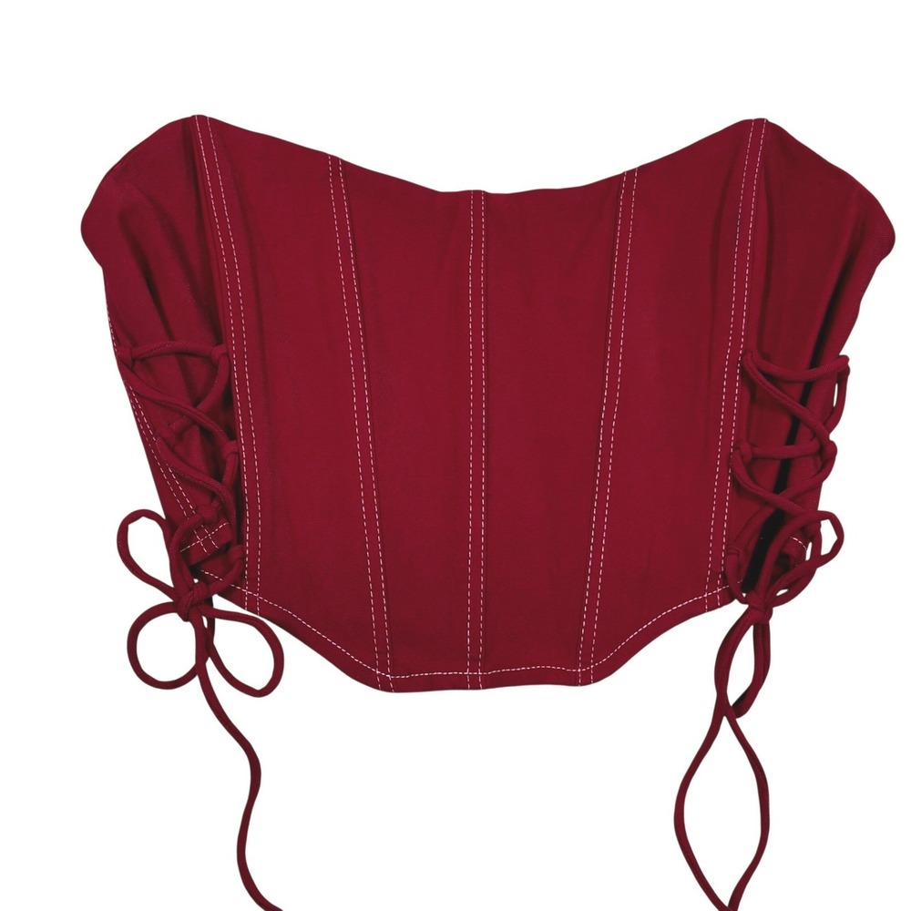 GARAGE Livia Lace Up Corset Top Chili Pepper Red White Contrast Stitch Womens M